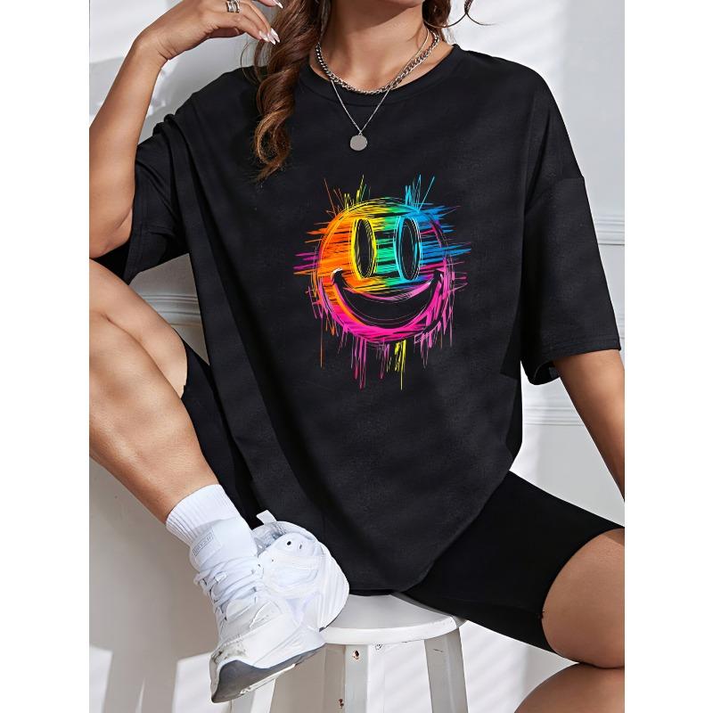 Crew Neck T Shirt White Rainbow Smile Face Print Casual Wear For Women Summer Outfits Street Style Fashion Top