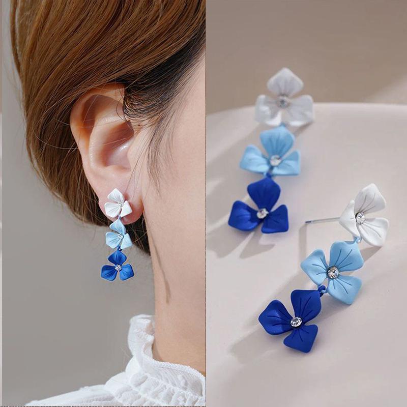 Pinkdudu New Blue Flower Design Drop Earrings Trendy Retro Fashion Temperament Alloy Earrings Jewelry Gift For Women PD1611