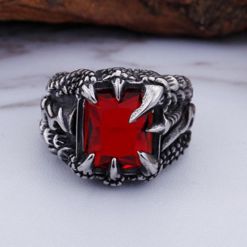 Punk Retro Signet White Red Blue CZ Crystal Zircon Dragon Claw Ring Men Women Stainless Steel Biker Rings Jewelry