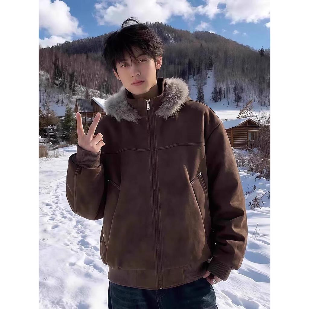 Men's Distressed Coffee Workwear Jacket - Retro Cotton with Lychee Grain Leather, Long Fur Collar & Hooded Heavyweight Winter Coat.