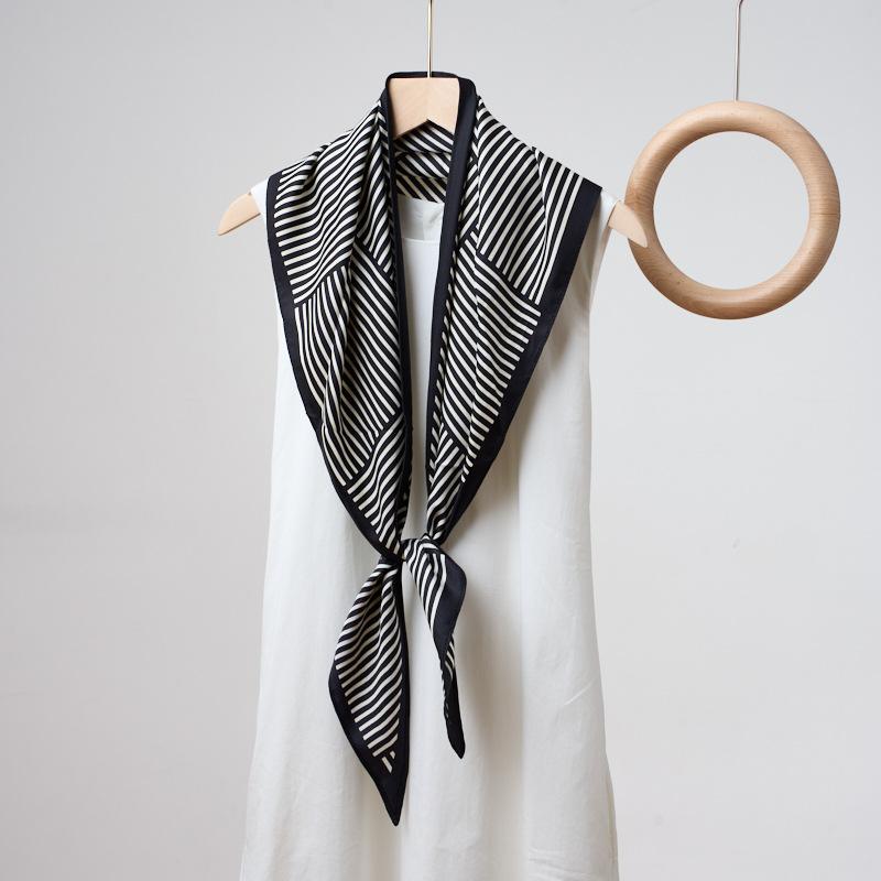 New minimalist black-and-white striped printed triangle scarf paired with a faux silk belt for women, versatile triangle scarf
