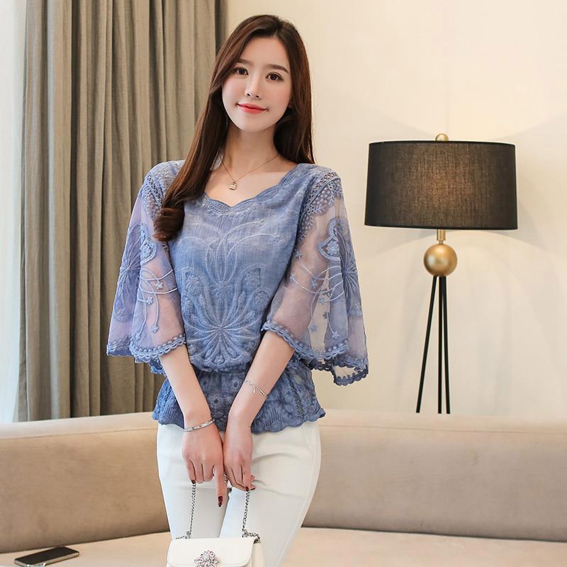 Plus Size Chiffon Blouse Women Summer Cotton Edge Lace Women's Shirt Butterfly Sleeve Flower Office Lady Tops