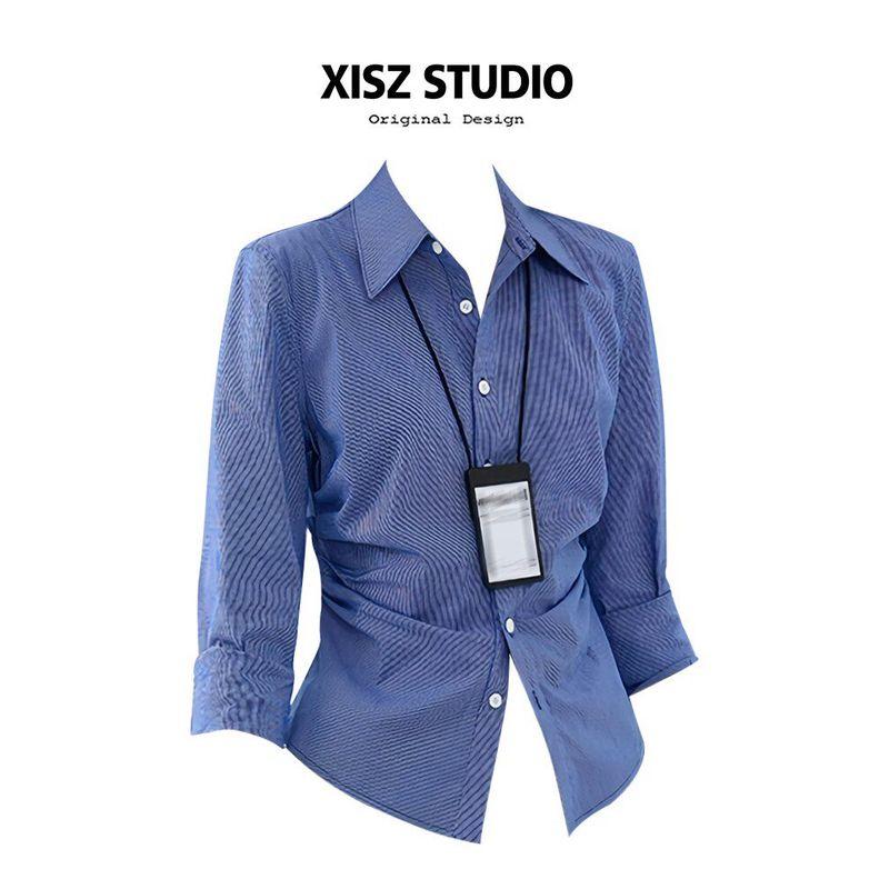 Plaid Pleated Waist Tight Work Clothing Polo Collar Long Sleeves Shirt Blue Shirt [High Quality] S