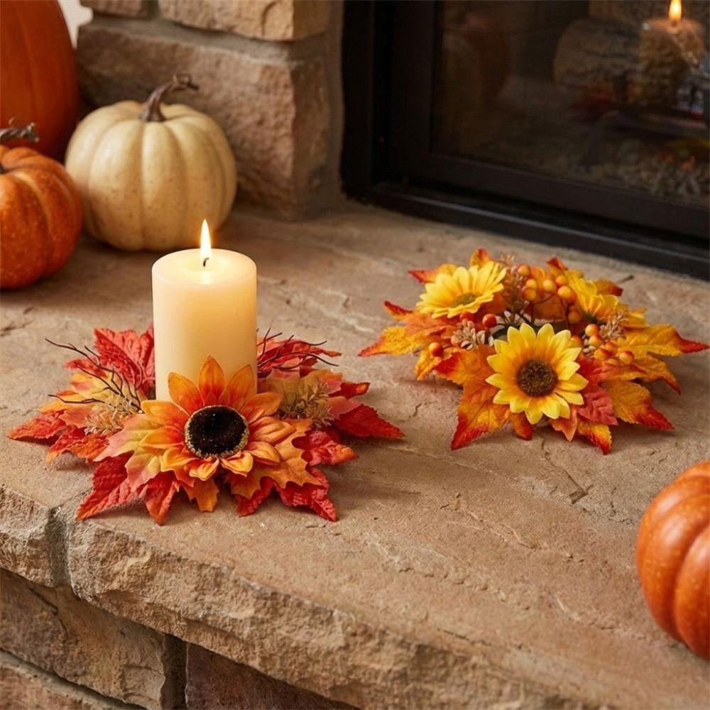 Fade Resistant Sunflower Maple Candle Ring Wreath Harvest Pillar Candle Surround Ring Home Decor