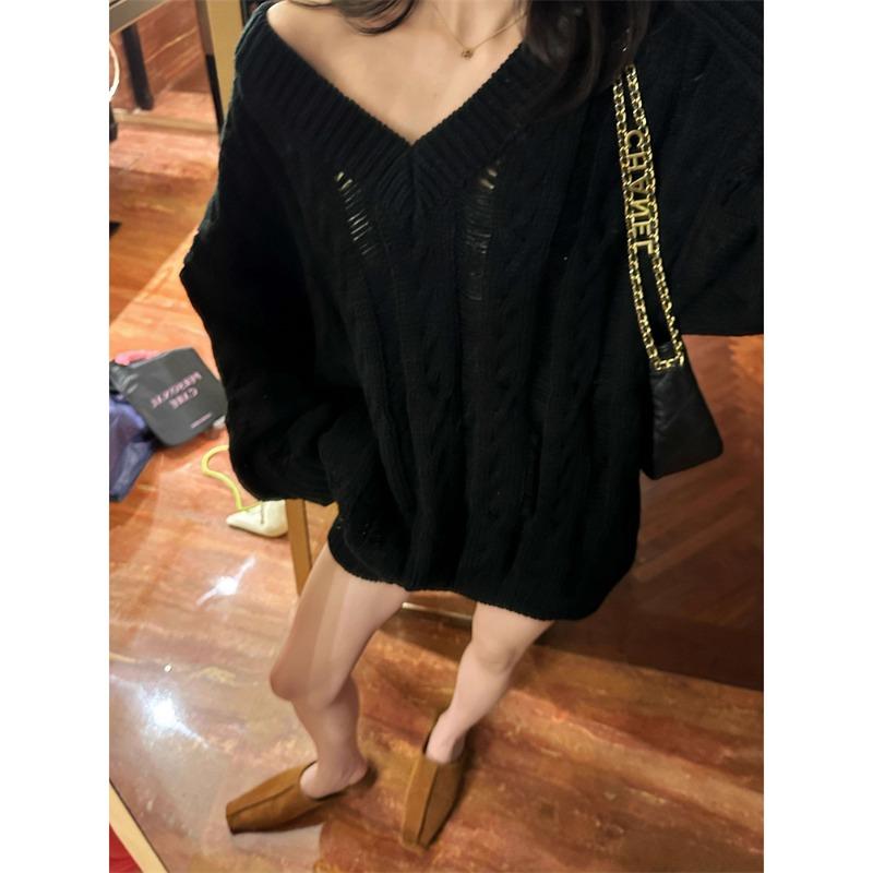 

Модный повседневный пуловер с длинным рукавом и V-образным вырезом, женский вязаный комплект с шортами, зима-осень 2025, свободные наряды, элегантный осенний топ, одежда one size чёрный