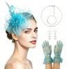 Vintage Bridal Hair Accessories Set Kentucky Derby Feather Headband Gloves Necklace Floral Bow Mesh Wedding