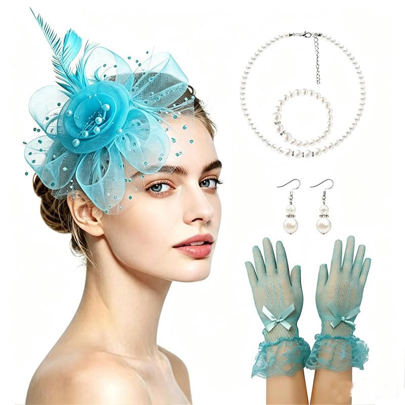 Vintage Bridal Hair Accessories Set Kentucky Derby Feather Headband Gloves Necklace Floral Bow Mesh Wedding