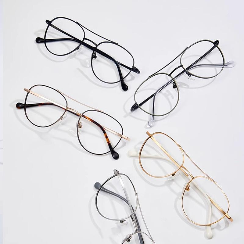 Gold glasses frame, men's and women's double beams, square and round face, metal edge, plain face, niche retro myopia, can be equipped with glasses fr