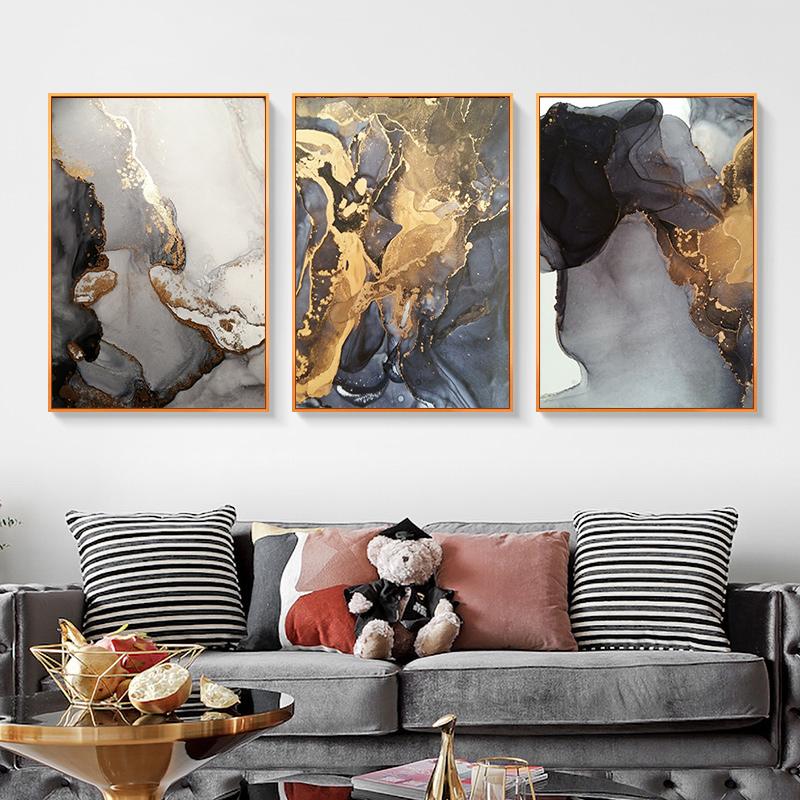 Nordic Grey Golden Fluid Art Marble Texture Abstract Wall Art Canvas Poster And Print For Modern Home Living Room Decoration