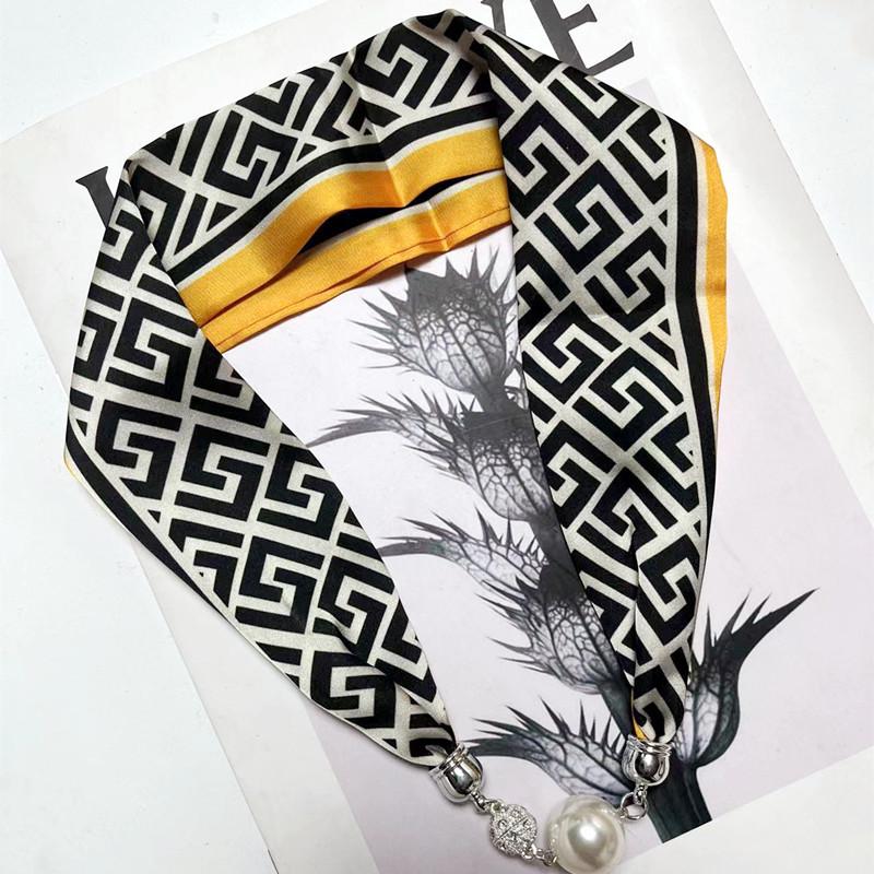 Live Season Magnet Buckle Silk Scarf Women'S Pearl Necklace Long Silk Scarf Headband Decorative Small Scarf