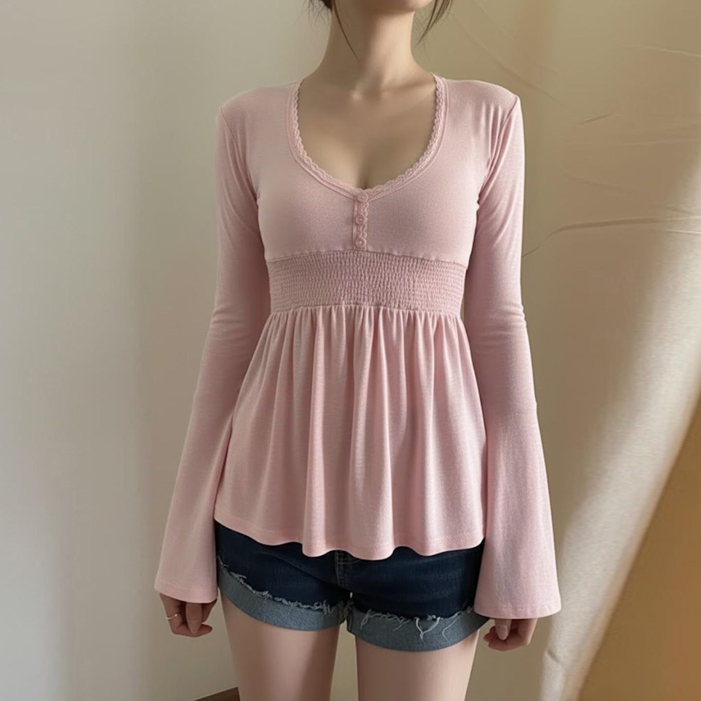 Элегантный топ с пэчворком из кружева и рукавами-колоколами - Ретро-рубашка с рюшами в стиле куклы Large