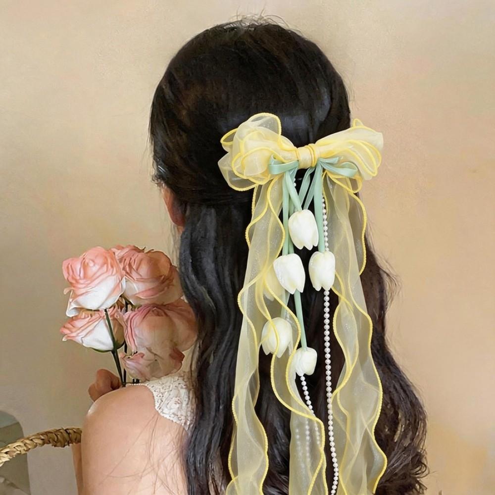 Pendant Tassel Muguet Flower Hairpin Mesh Ribbon Organza Bowknot Barrette  Bridesmaids