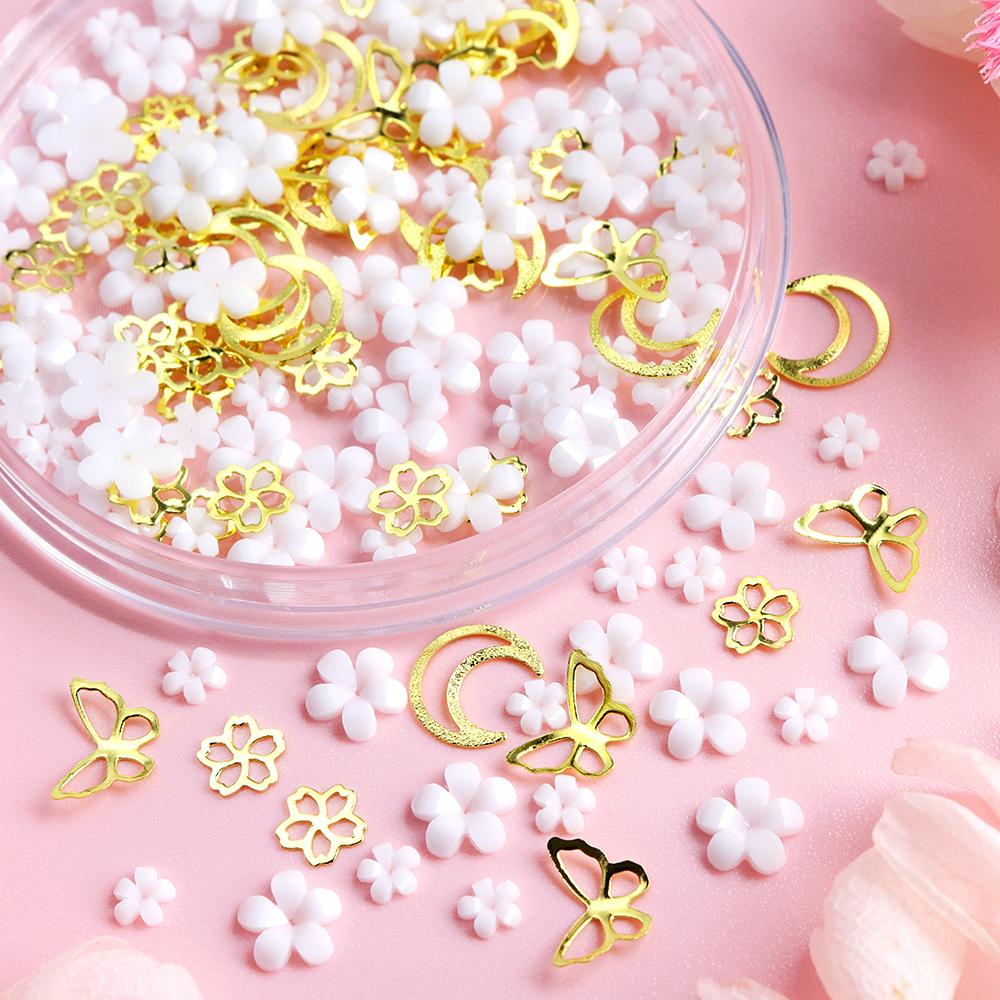1box Luxury Pink White 3D Mini Acrylic Flower Rivet Nail Art Charms Mixed Metal Flower Butterfly Nails Decoration Accessories