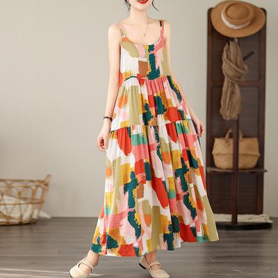 Sleeveless Print Spaghetti Strap Dresses Summer Casual Loose Beach Vacation Simple Hit Color Women Dress
