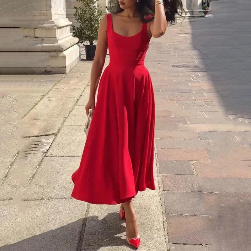 Dámské maxi šaty Módní Letní Bez rukávů Ramínka Kulatý výstřih Odhalená záda Stahovaný pas Jednobarevné Dlouhé šaty Streetwear