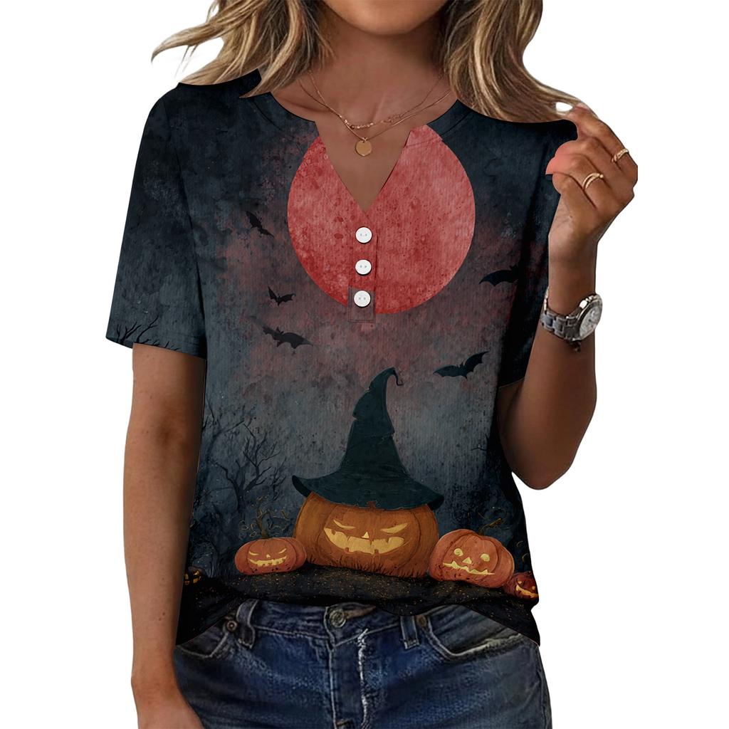 Womens Halloween Print V Neck Short Sleeve Button T Shirt Casual Loose Fit Top with Pumpkin and Bat Design Suitable for Daily Wear