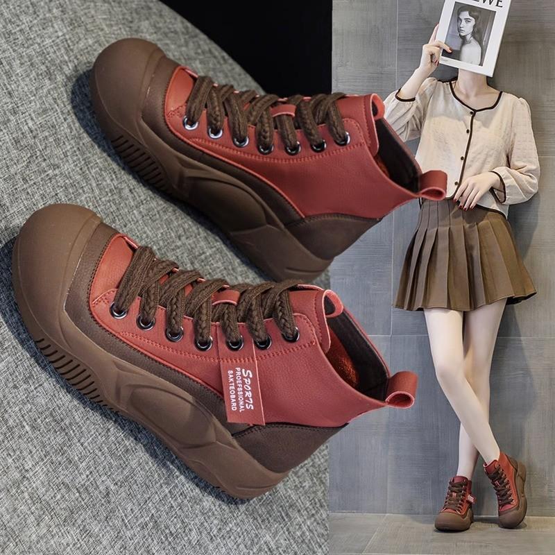 Leather Internet Celebrity High-top Shoes Children's Autumn 2025 New Popular Versatile Thick-soled Muffin Heightening Sports and Leisure Shoes