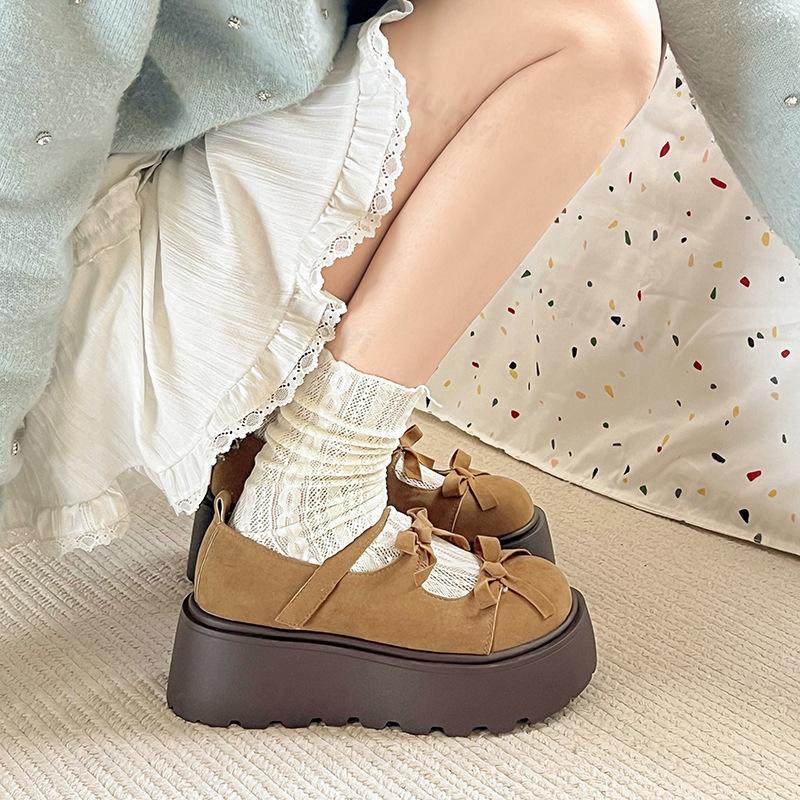 Fashion Women Mary Jane Shoes Autumn Round Toe Vintage Bow Knot Platform Leather Shoes Height Increase Comfortable Fashion Single Shoes
