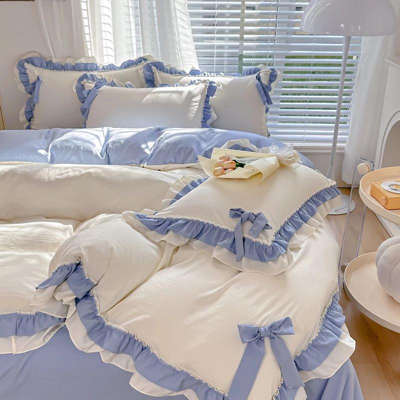 Korean Princess Style Bedding Set Girl Heart Solid Color Double Bed Sheets Washed Cotton Ruffled Bed Cover Skirt Sheet Quilt Set