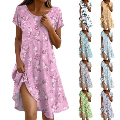Short Sleeve Boho Dress For Women Casual Loose Fit Summer Sundress Floral Print Dress With Pockets