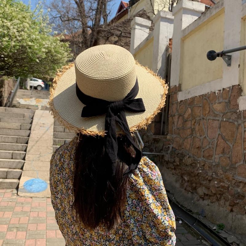 Summer Straw Hat, Lafite Grass Edge, Patchwork Hat, Women's Sun Hat, Artistic Bow, Flat Top Hat