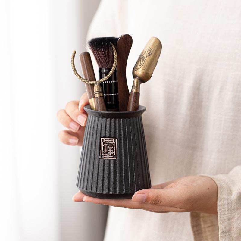 Coarse Pottery Vertical Pattern Blessing Character Tea Six Gentlemen Pot Pen Tea Clip Teaspoon Kung Fu Tea Set Tea Ceremony Zero Combination Ornament