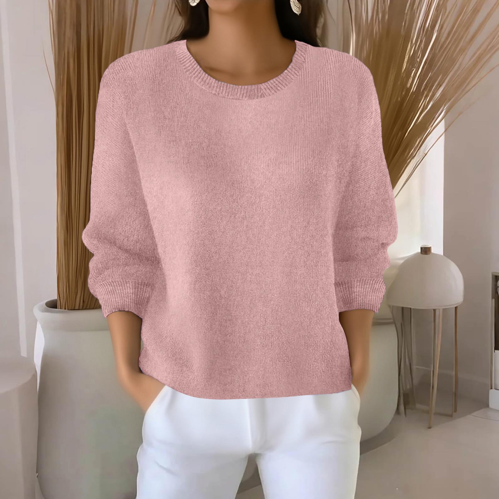 

Women s Fashionable Casual Knitted Top Loose-Fit Solid-Colour Long-Sleeved Jumper XL розовый