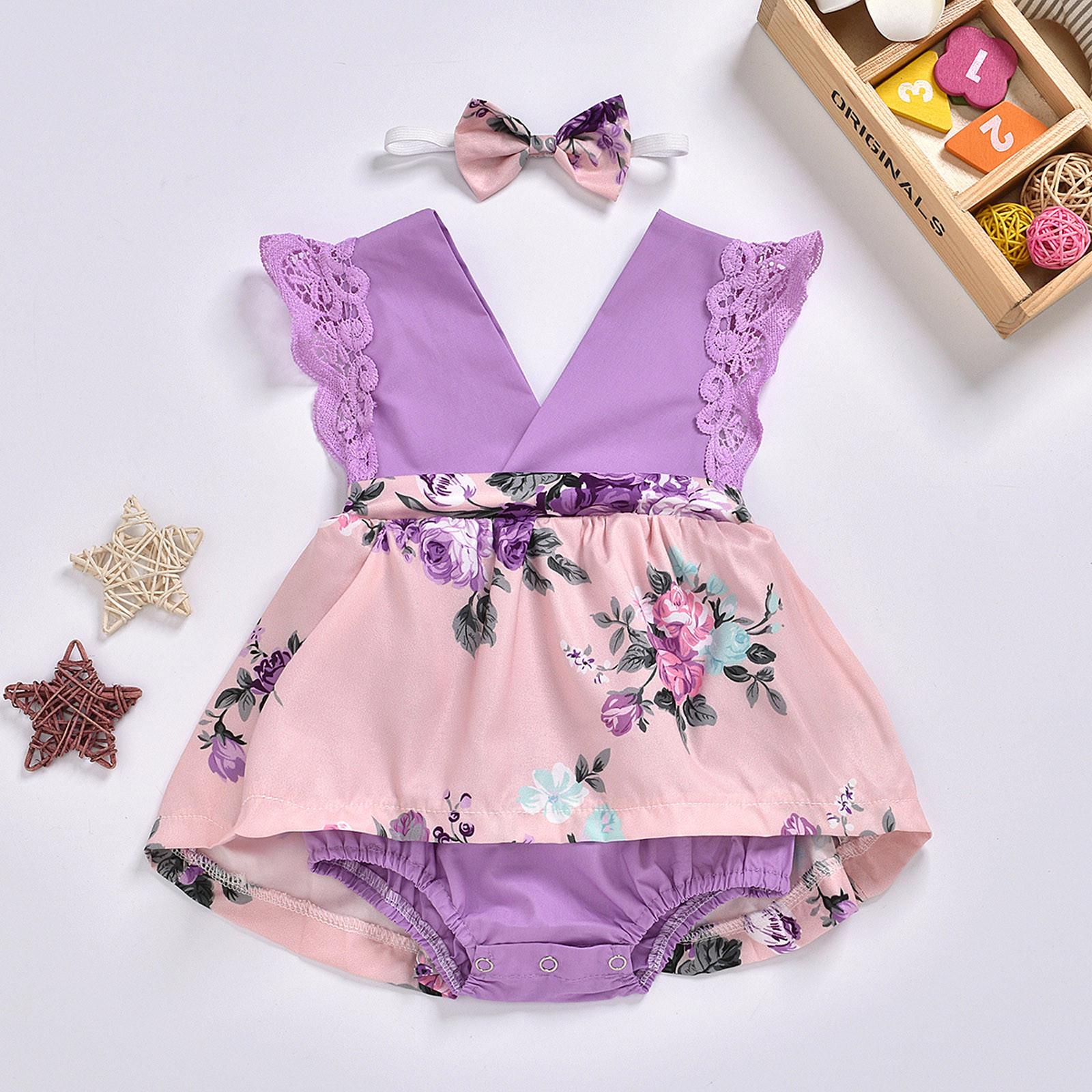 

Комбинезон с цветочным принтом для маленьких девочек, одежда для новорожденных с повязкой на голову, 0–24 месяца 100 фиолетовый