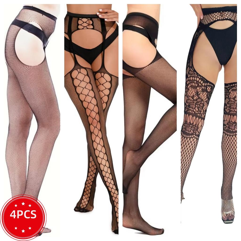 SIMPLEJEWEL 1pcs/4pcs Pantyhose Fishnet Sexy Thigh-High Stockings Tights Suspender Stockings for Women Garter Belt Stocking