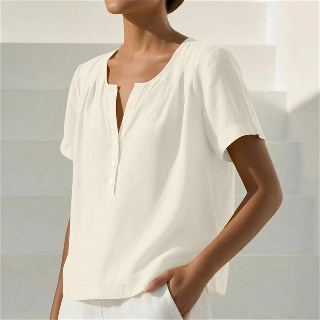 Women Loose Fit Casual Short Sleeve Button Down Shirt Cotton Linen Top with Relaxed Neckline for Everyday Wear
