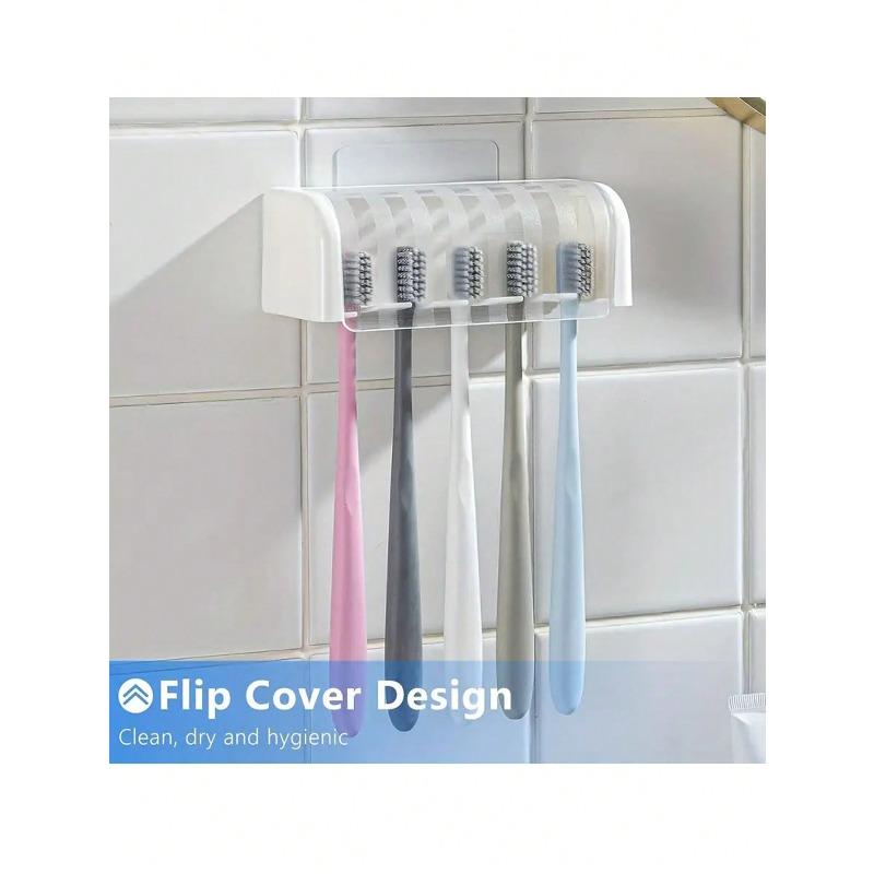 A 5-Tooth Brush Holder With Cover, Self-Adhesive Wall Toothbrush Storage Holder, Plastic Bathroom Supplies For Dorm Rooms And Showers
