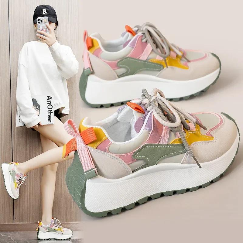 Women's Casual Platform Sneakers Spring New Fashion Breathable Lace-up Thick-soled Sports Shoes Outdoor Casual Vulcanized Shoes