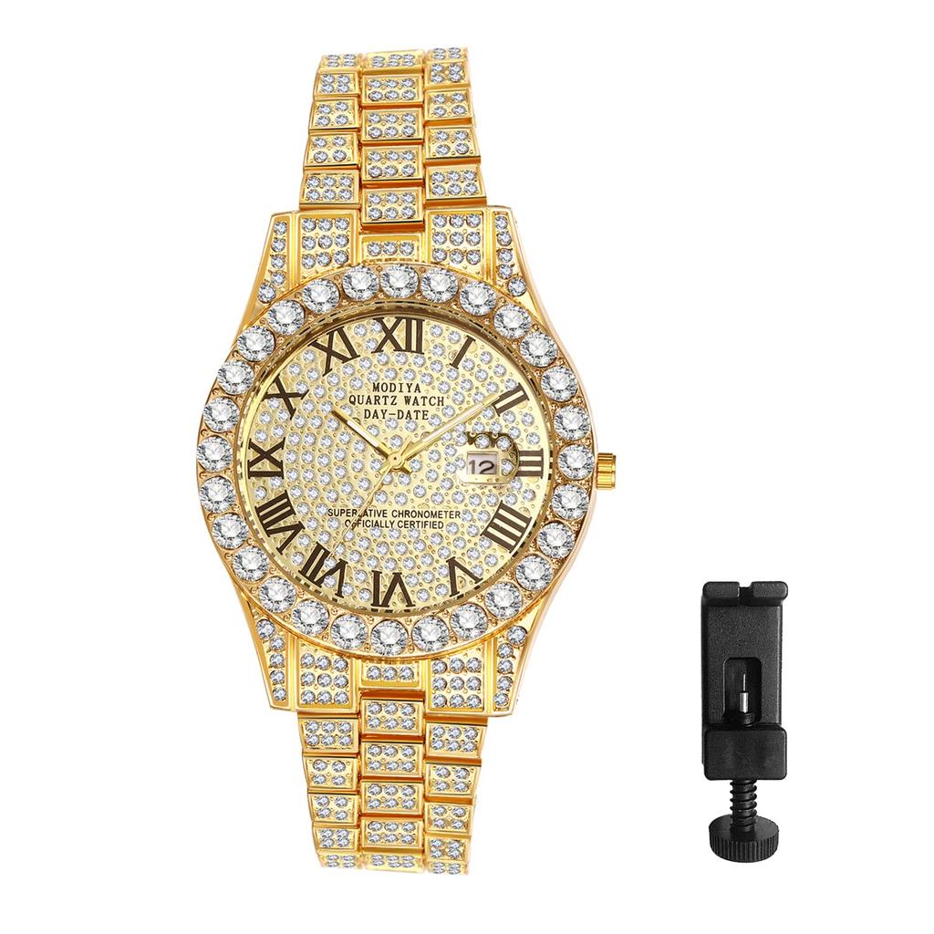 Men's Gold Analog Watch with Roman Numerals, Calendar, Waterproof, Sparkling, Casual, Business, Stainless Steel Band - Perfect for Father's Day, Valen