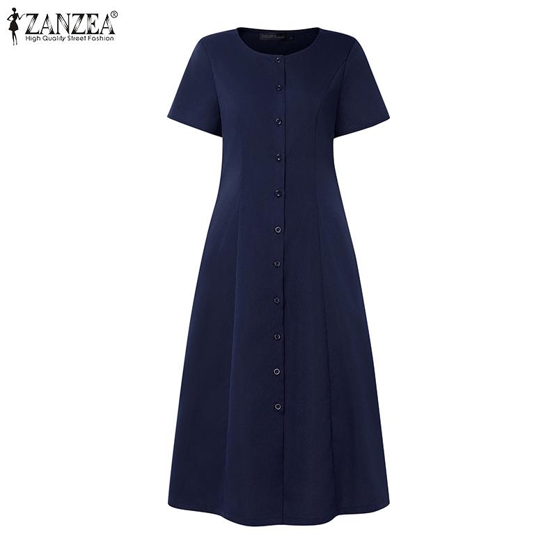 ZANZEA Women Casual Round Neck Summer Short Sleeve Dress