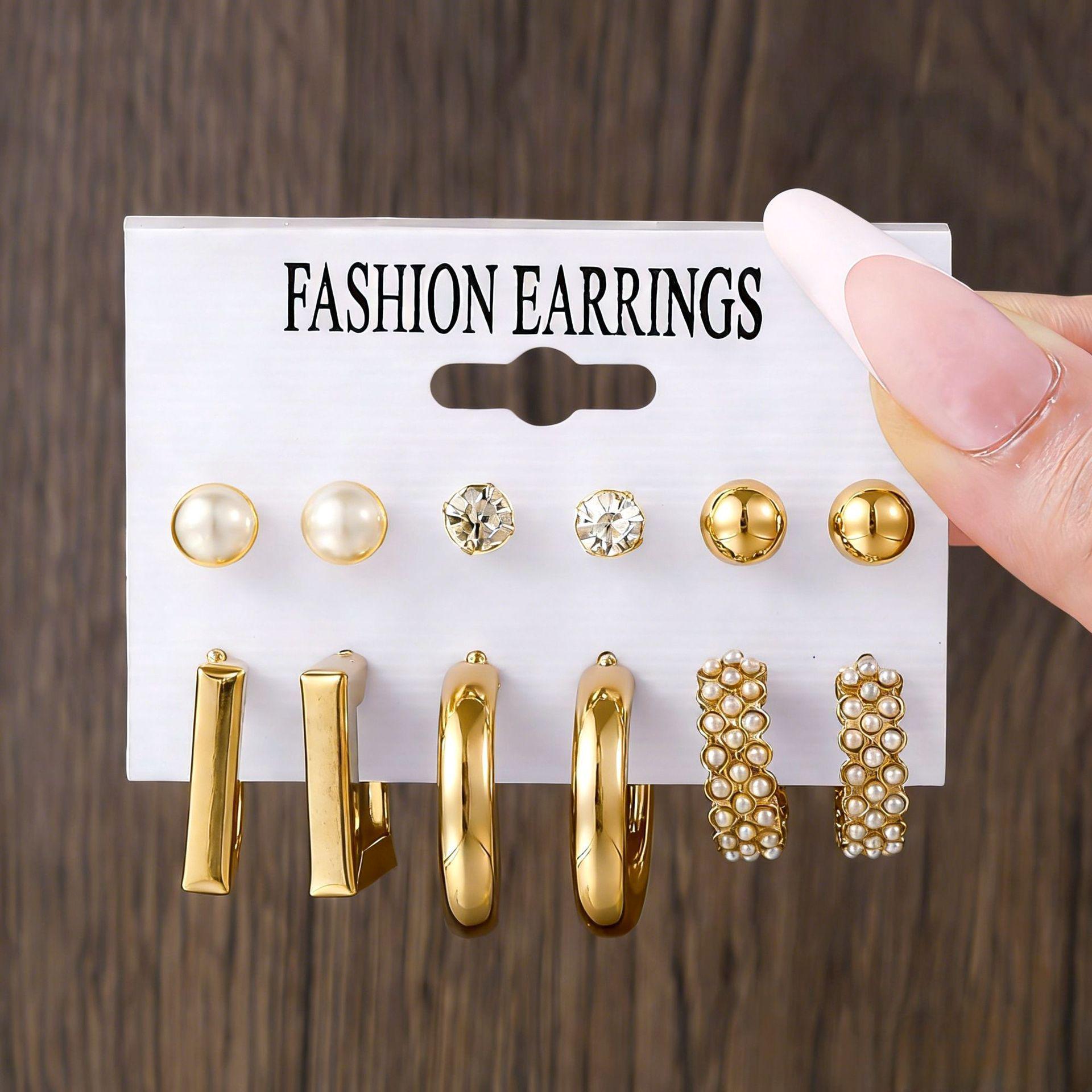 European  American Pearl Alloy Hoop Earrings Set for Women - Square Geometric Shape