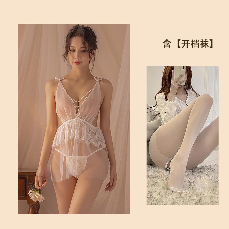 Sexy Lingerie Sexy Perspective Small Chest Bed Passion Pure Desire Pearl Mesh Deep V Hot Hollow Nightdress