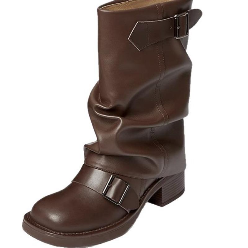 Cowhide Edition~ New Western Cowboy Boots Women's Pleated Stacking Boots Belt Buckle Medium Boots Pants Pants Knight Boots