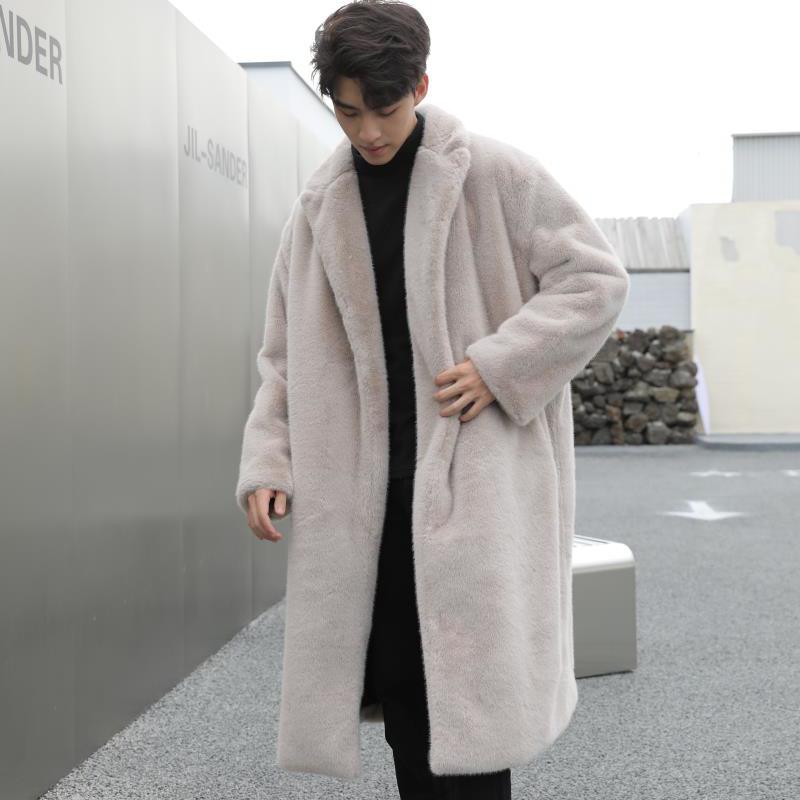 Men's Autumn and Winter Mink Fur Coat Long Knee-length Artificial Fur Coat Thick Plush Windbreaker Cotton Coat Trendy