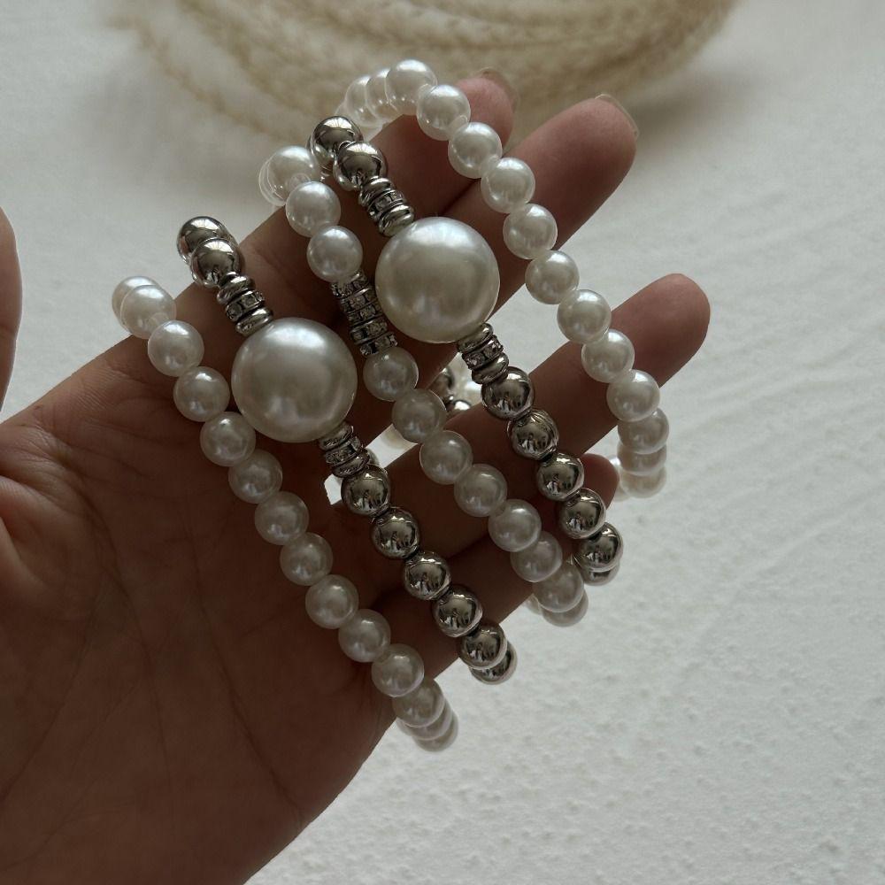 White Silver Pearl Bracelet Wire Drawing Exaggerated Bracelet Fashion Silver Metal Bracelet  Women
