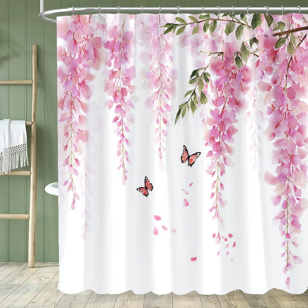 Spring Flowers Shower Curtain Floral Bathroom Curtain Romantic Refreshing Curtain, Printed Polyester Shower Curtain With Hooks
