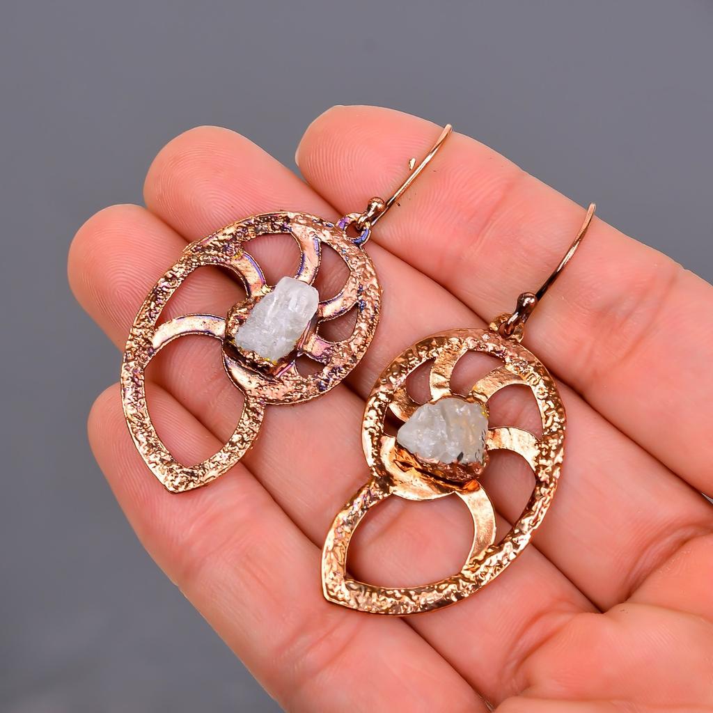 Rainbow Moonstone Stone Copper Electroformed Dangle Mother Gift Earrings Jewelry V-106