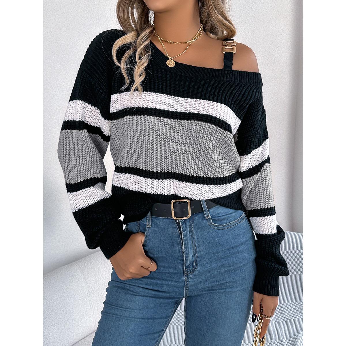 

2025 Autumn Winter Casual Color Block Striped Lantern Sleeve Metal Buckle Cold Shoulder Pullover Sweater Women s Fashion XL сірий колір
