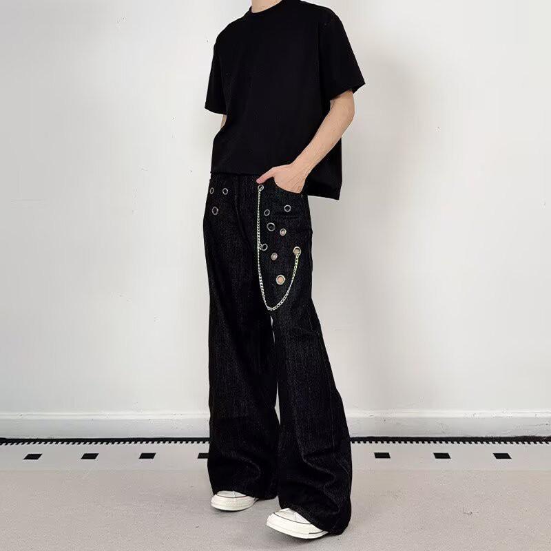Unisex Loose Fit Straight Leg Denim Pants With Embroidery Detail Mid-Rise Cotton Jeans Daily Wear