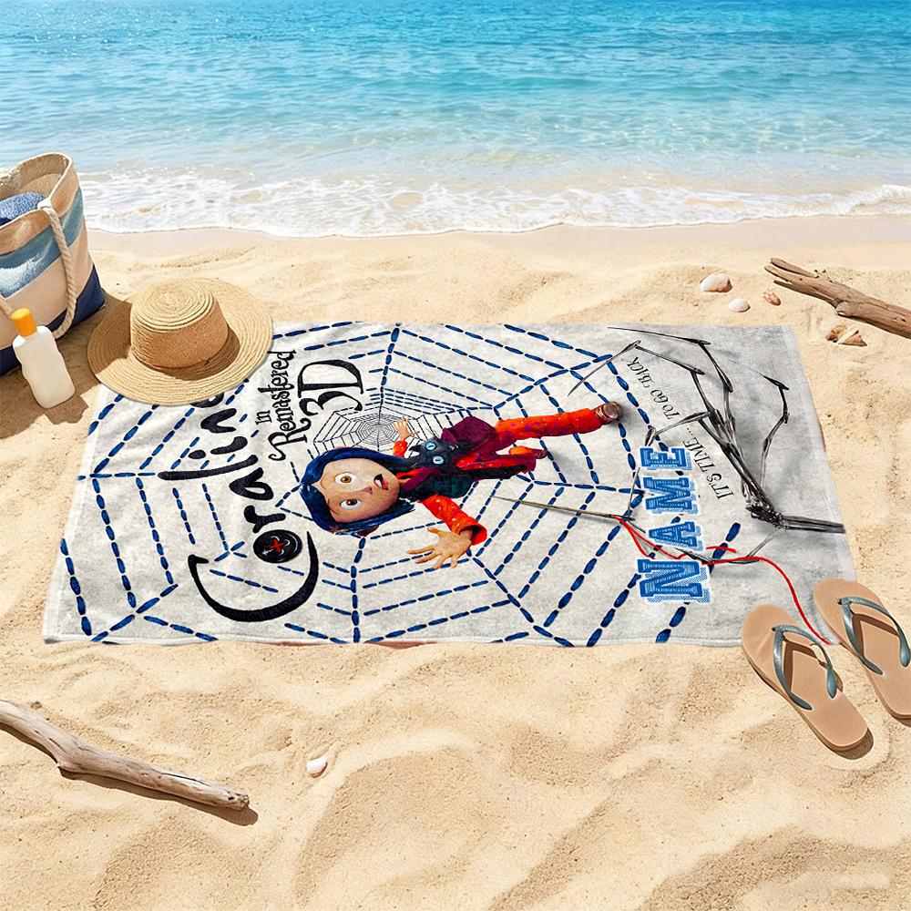 Coraline's Web Adventure Customized Name Beach Towel High Absorbency & Quick-Dry Perfect for Traveling Yoga Camping and Swimming