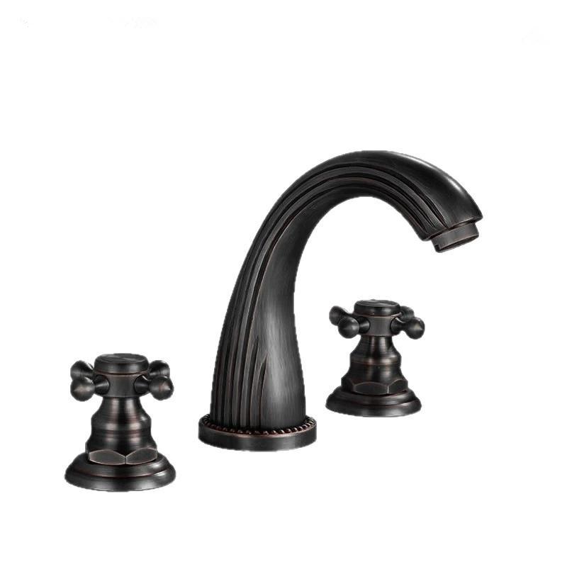 Tuqiu Gold Bathroom Faucet Widespread Sink Tap Brass Antique Basin Faucet Black Lavotory Faucet 3 Hole Hot & Cold Water Tap