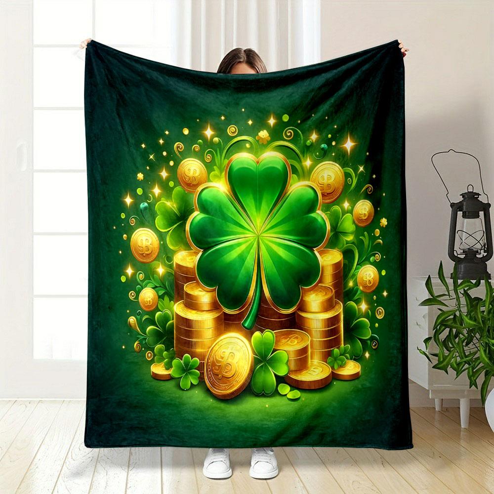 Lucky Clover and Gold Coins Design Print Blanket Soft and Cozy Perfect for the Living Room Bed Sofa or a Nap,gift