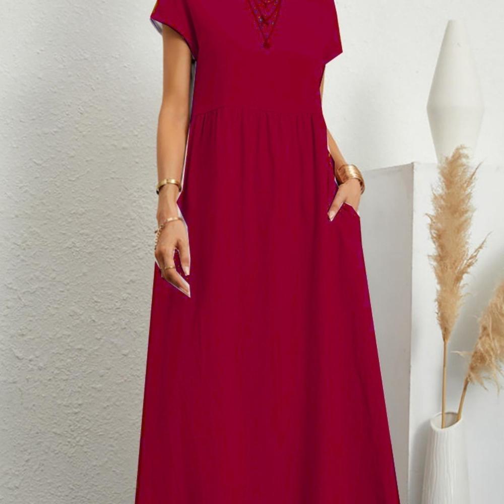 Women Elegant Solid Maxi Dress Summer Short Sleeve O Neck Vintage Harajuku Cotton Linen Loose Sundress Y2K Pockets Long Dress