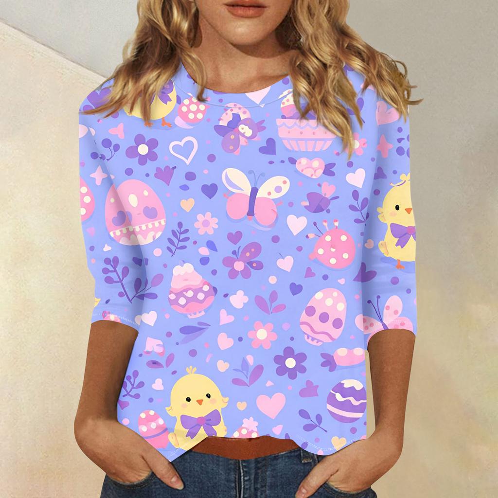 Modisches lässiges Damen-Pullover-Oberteil mit Dreiviertelärm und Osterdruck, Rundhalsausschnitt