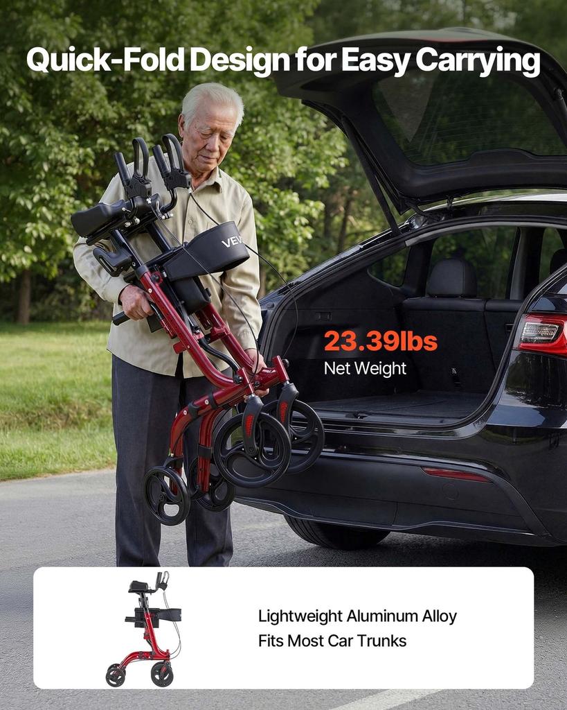 Rollator Walker with Seat for Seniors, Foldable Rolling Walker, Lightweight Aluminum Mobility Walking Aid with PVC Solid Wheels, Adjustable Handle,