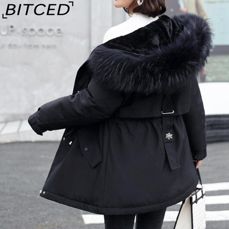 BITCED Women's Winter Mid-Length Cotton Coat with Fleece Lining, Large Fur Collar, Plus Size, Short Waist-Defining Jacket